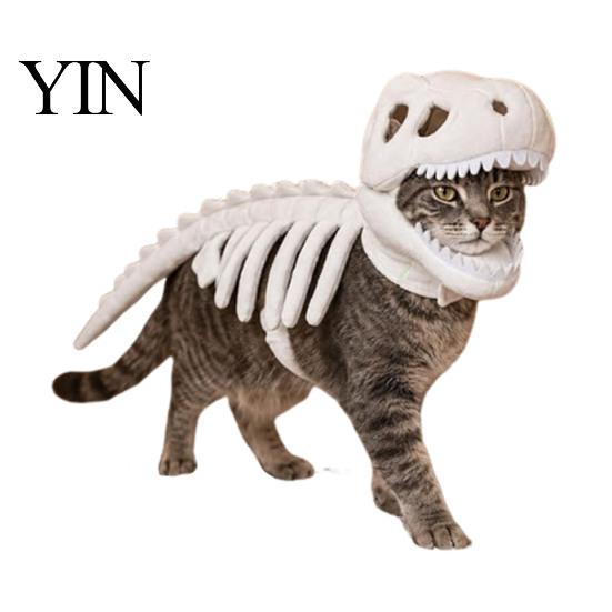 Halloween Pet Apparel Dinosaur Skeleton Costume, Glow-in-The-Dark 3D Apparel, Soft Plush Hat Dino Outfit for Dogs Cats, Cosplay Holiday Party Costume