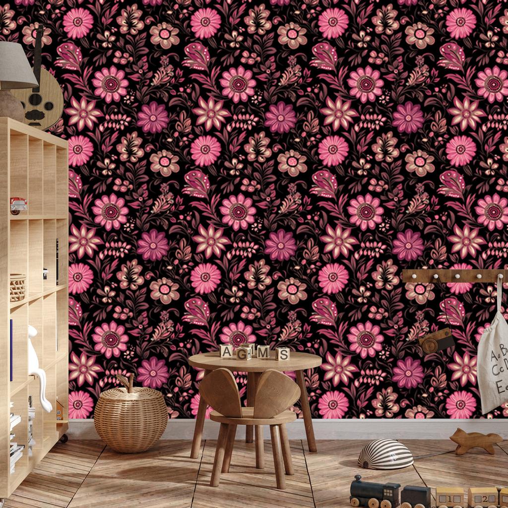 Beautiful Flowers Wallpaper Black, Burgundy and Burgundy for Living Room and Bedroom 50x1000