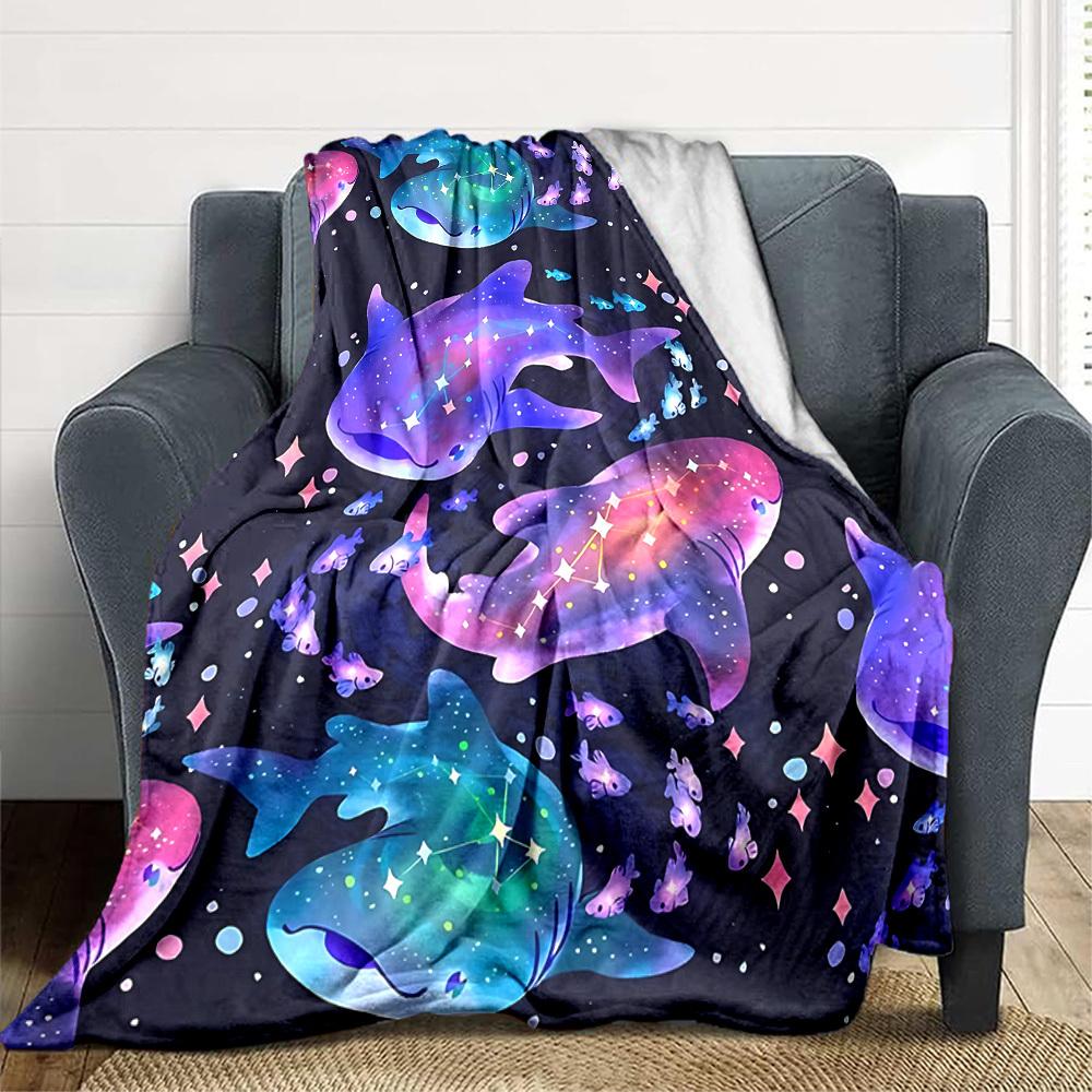 1pc Galactic Sharks Blanket, Lightweight Flannel Throw Blanket For Sofa, Bed, Travel, Camping, Living Room, Office, Couch, Chair, And Bed
