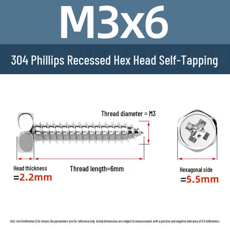 Yigu 304 Stainless Steel Phillips Recessed Hex and Slotted Self-Tapping Screws for Wood, M3-M8