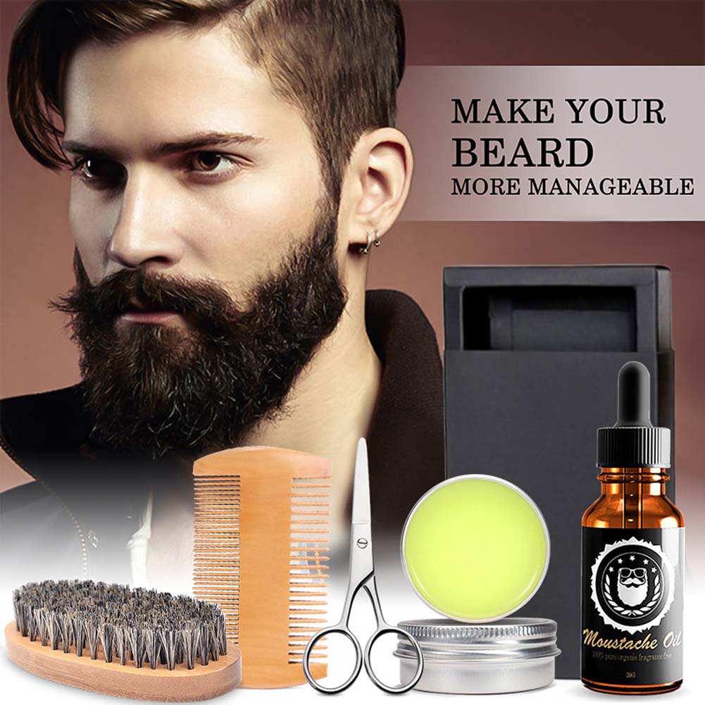 Men s Beard Care Set Contains Cream Oil Double Sided Comb Brush Scissors 5 Pcs Set