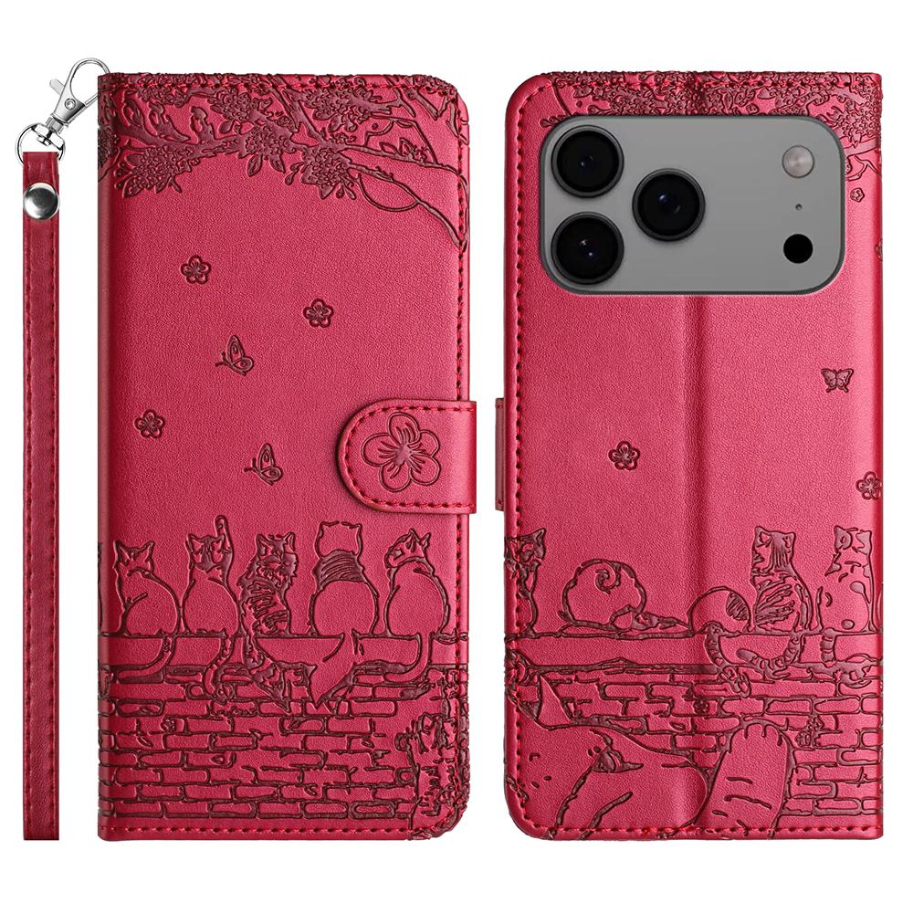 For iPhone 17 Pro Case with Wrist Strap Leather Phone Cover Wall Cats Pattern
