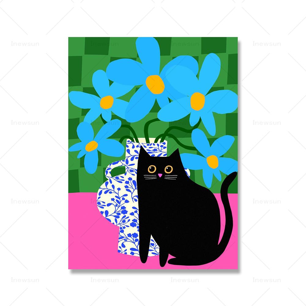 Черный кот и маки принт синие цветы дневной постер кошка скандинавский абстрактный кот животное холст картина настенные картины декор