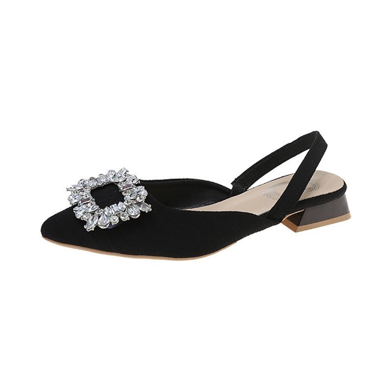 Design Sense Niche Low-heeled Shoes Retro Single Shoes Temperament Celebrity Rhinestone Square Buckle Back with Sandals