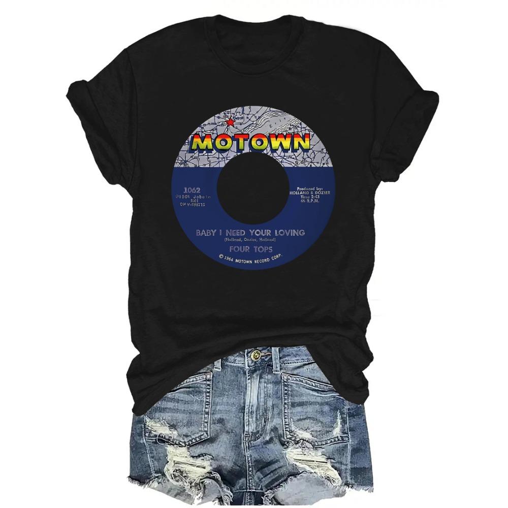 Женские хлопковые футболки с коротким рукавом Motown Baby I Need Your Loving Женская футболка Ретро Виниловая графика Повседневный черный топ