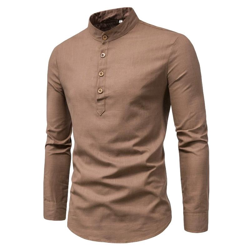 Men's Solid Color Stand Collar Long Sleeve Shirt, Smil Fit Casual and Fashionable Cotton Long Sleeve Henry Shirt