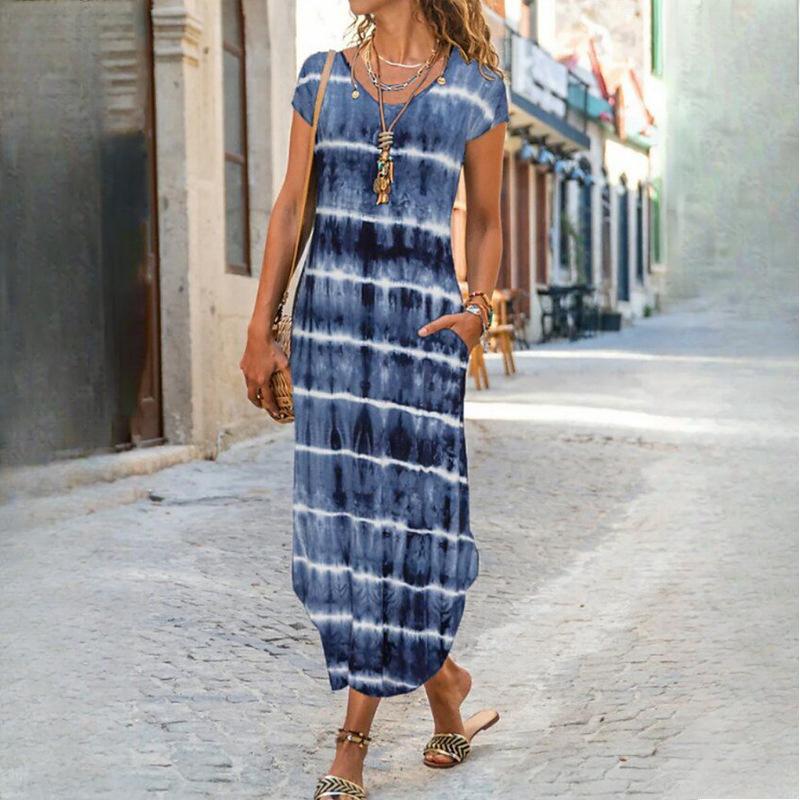 QICED Женская мода лето весна однотонный принт с коротким рукавом и круглым вырезом с высокой талией повседневные платья