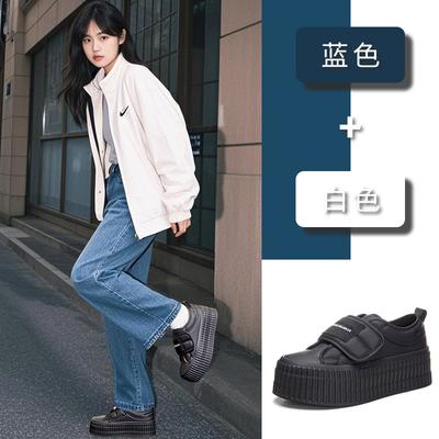 Кожаные белые туфли женские 2025 весна новые туфли на липучках женские повседневные туфли-бутерброды на толстой подошве женские туфли с эффектом увеличения