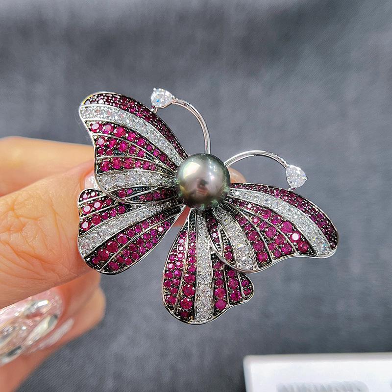 Luxury Gold-Plated Green Butterfly Brooch for Women - Pearl, Zircon Pin, Micro-Paved Design