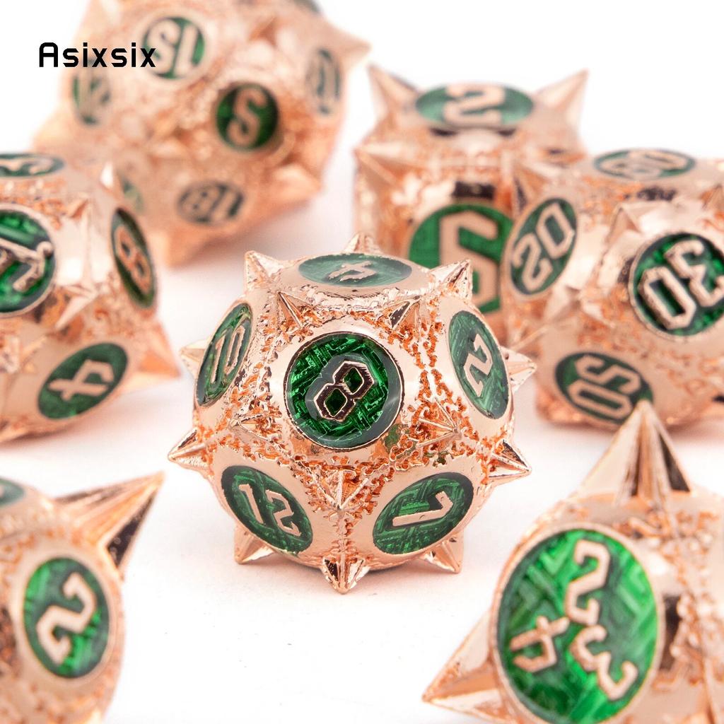 7 Pcs Copper Green Meteor Hammer Metal Dice Solid Metal Polyhedral Dice Set Suitable for Role-Playing RPG Board Game Card Game
