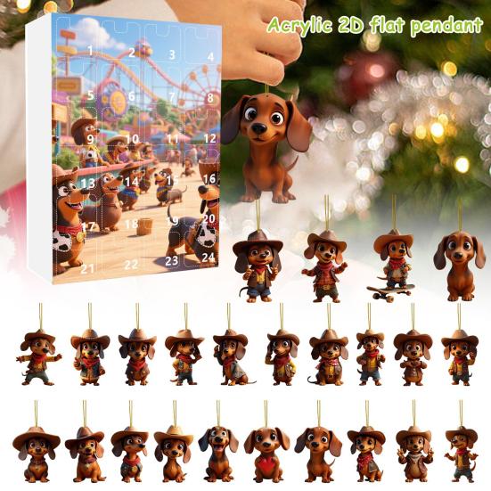 Календарь ожидания Рождества с собакой таксой 2025 24 дня Календарь обратного отсчета до Рождества с 2D акриловыми подвесными украшениями в виде таксы для декора елки