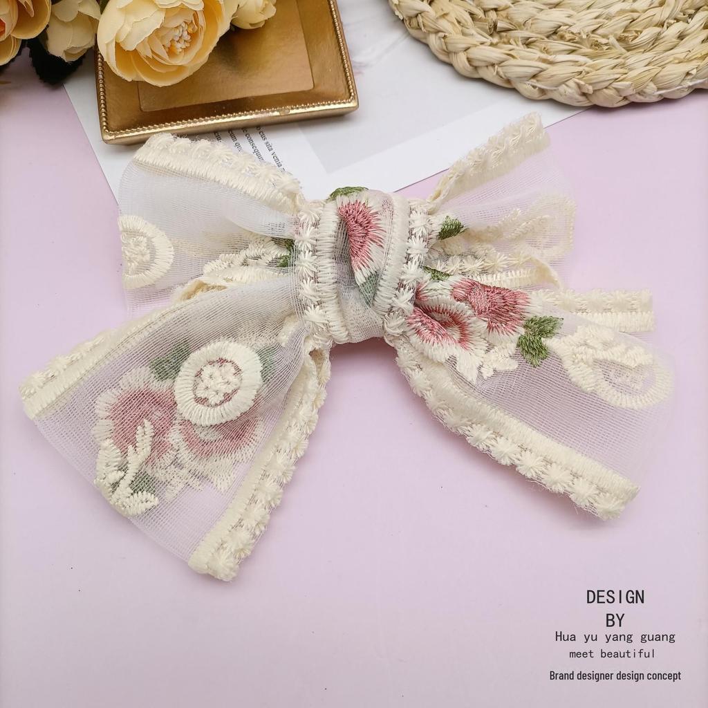 Вышитая большая кружевная заколка-бантик - в стиле «Сладкая фея»