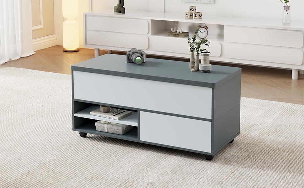 100*98*65cm Height-Adjustable Coffee Table with Hidden Storage, Casters and Drawers, Multifunctional Dining Table, Grey-White Splicing