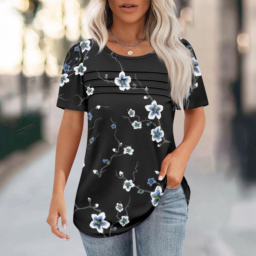 T Shirts For Women Pleated Round Neck Dressy Casual Blouses Printing Short Sleeve Summer Tops Loose Fit