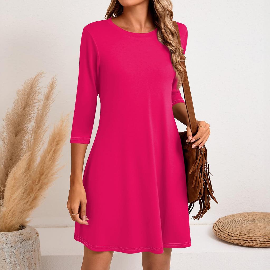 Женское модное повседневное однотонное короткое платье с круглым вырезом и рукавом три четверти
