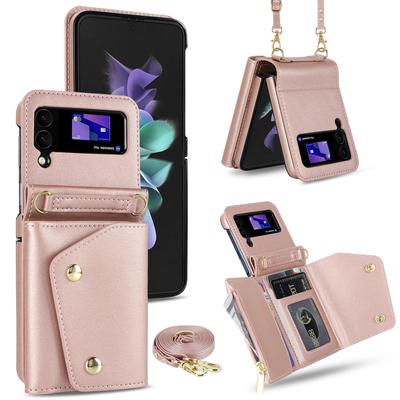 Чехол-кошелек через плечо для телефона Samsung Galaxy Z Flip 5 4 3 5G Flip5 Flip4 Flip3 5G, кольцевой держатель для карт, кожаный ремешок, чехол