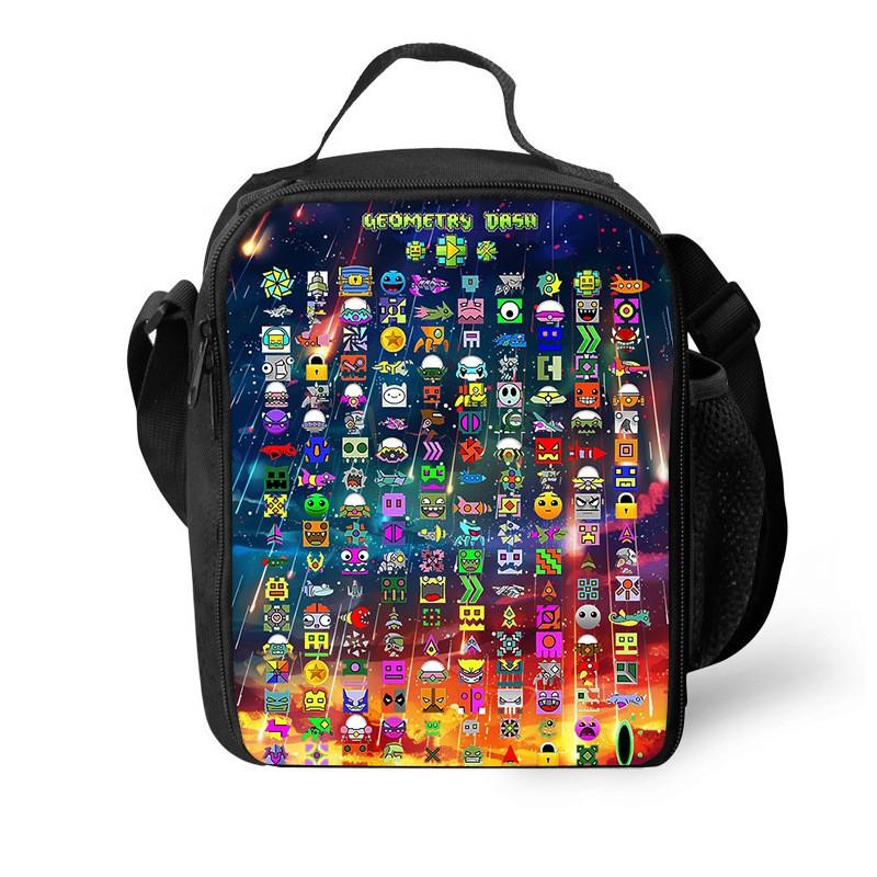 Geometry Dash Themed Insulated Lunch Bag Kids Students Portable Fabric Cooler Tote