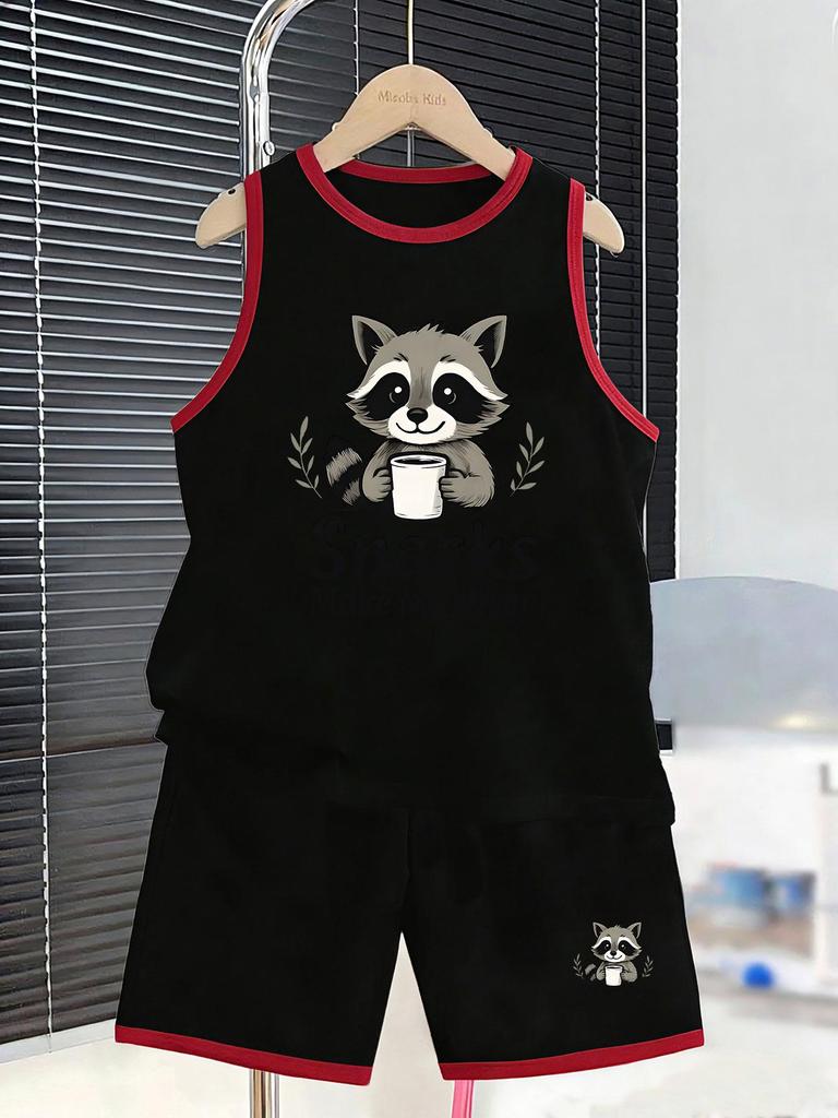 Boys’ coffee raccoon set. Cute prints, breathable fabric, loose fit for trendy beach & daily wear.