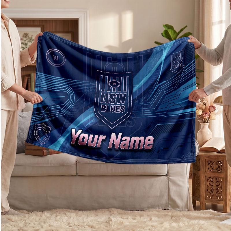 NSW Blues Flannel Blanket, Custom Name Text Personalized Soft Throw Blanket Home Decor Gift