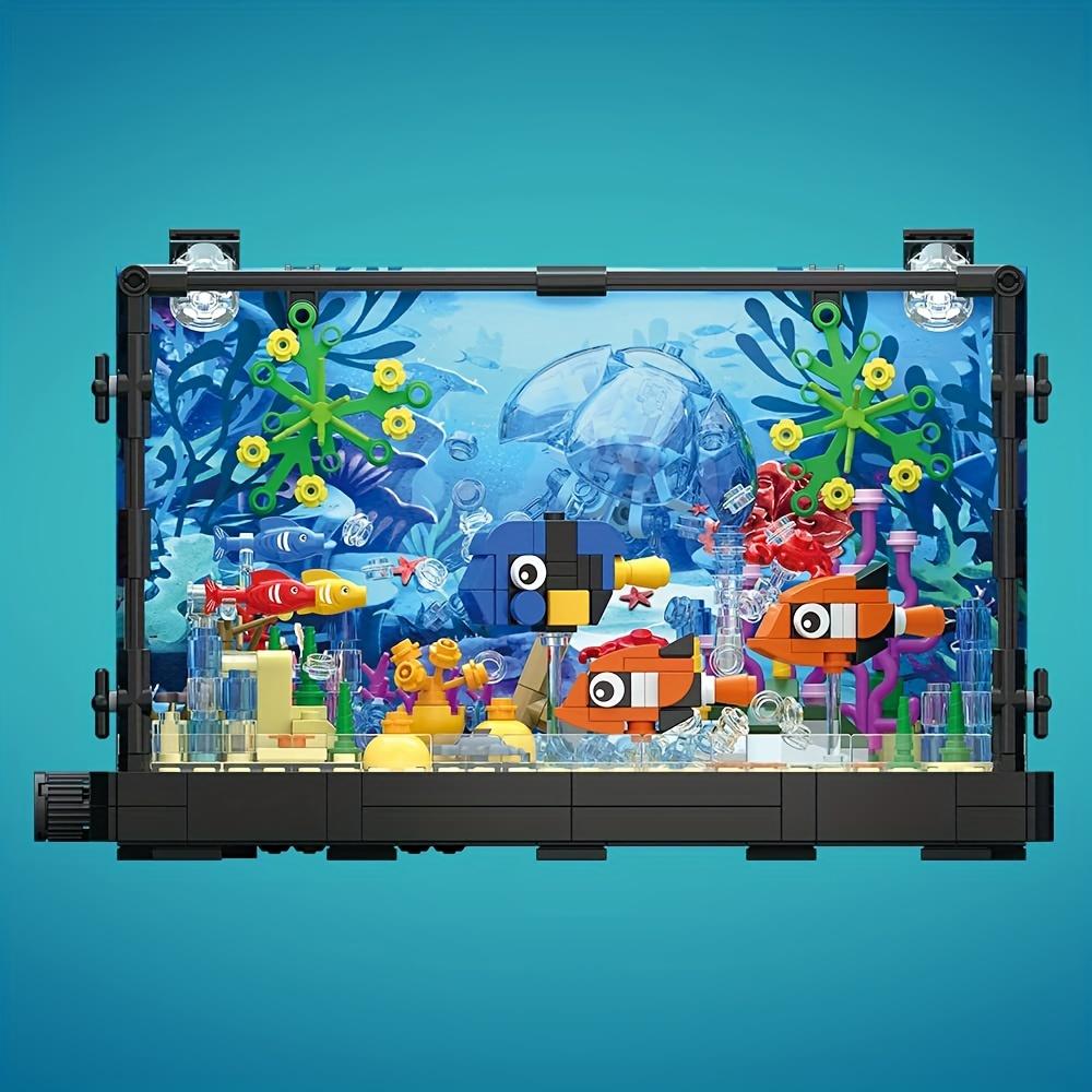 Fish Tank Building Block Set with Lights, Aquarium, Sea Jellyfish, Home Decoration Christmas Halloween Gifts Building Block Toys