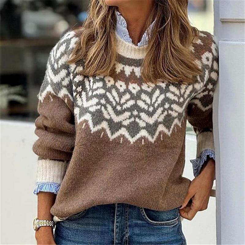 Womens Crew Neck Colorblock Knit Sweater Loose Fit Casual Pullover With Geometric