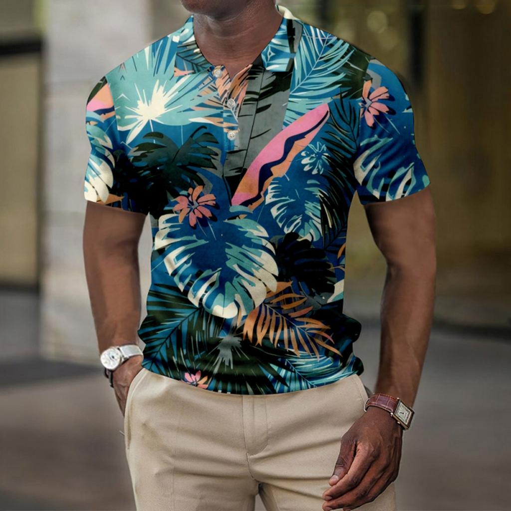Men's Summer Hawaii Printed Golf Shirt Botton Short Sleeve Top Men's Casual Fashion Shirt