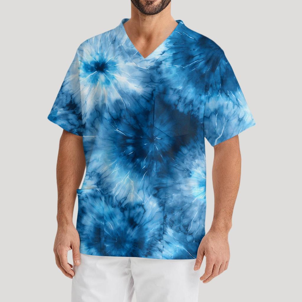 Мужская рабочая блузка с короткими рукавами и v-образным вырезом с принтом, топ с нагрудным карманом