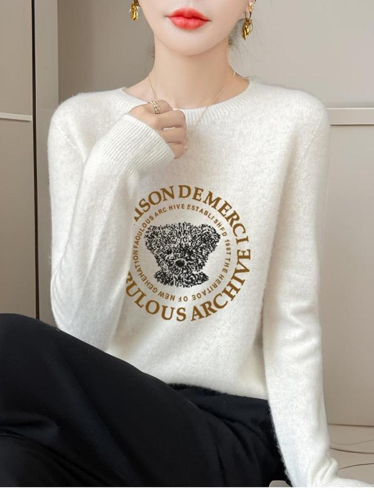 Fresh Korean Style Women's Andy Fleece Printed Sweater - Round Neck, Long Sleeve, Autumn Knit Base Layer