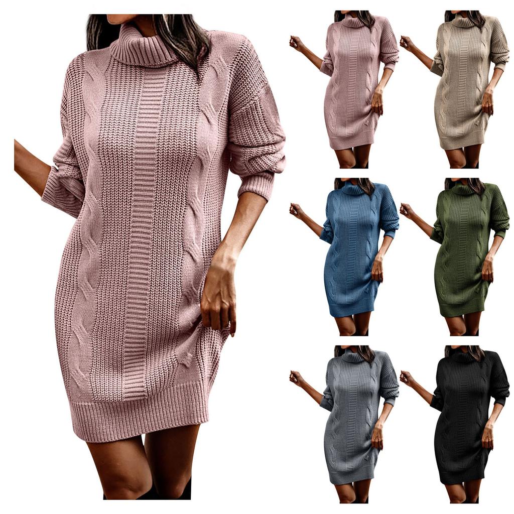 Women's Fashion Autumn/winter Solid Color High Collar Long Sleeve Wrap Hip Sweater Dress