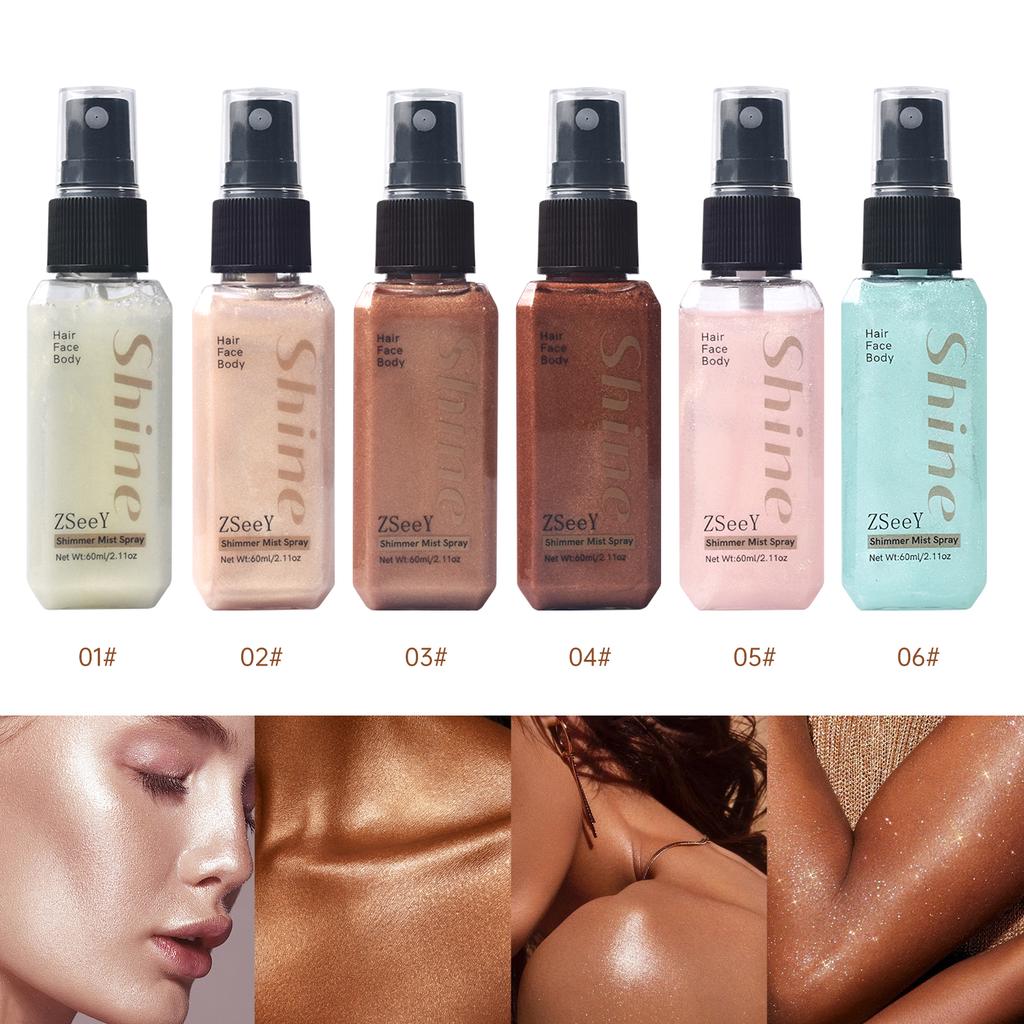 Спрей жидкий хайлайтер с бриллиантовым сиянием 6 цветов - Стойкий блеск, бронзер для ключиц, высокий глянец - Мерцающий жидкий хайлайтер для лица и тела