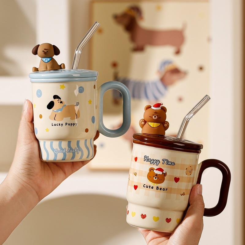 Cartoon Cat Mug With Lid And Straw High Value Household Ceramic Cup Girls Birthday Gift Water Cup