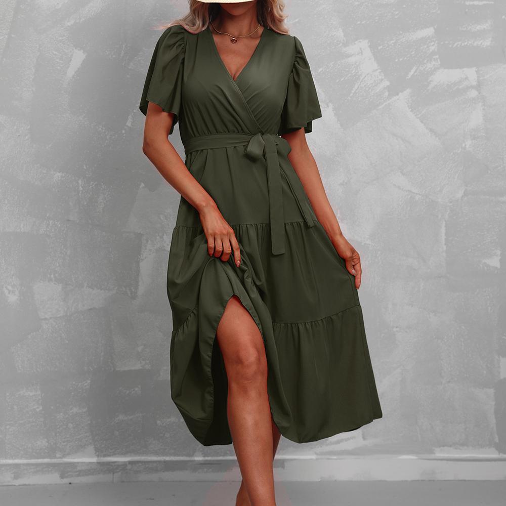 GMXIA Women's Fashion Summer Spring Solid Color Print Short Sleeve V-Neck High Waist Casual Dresses