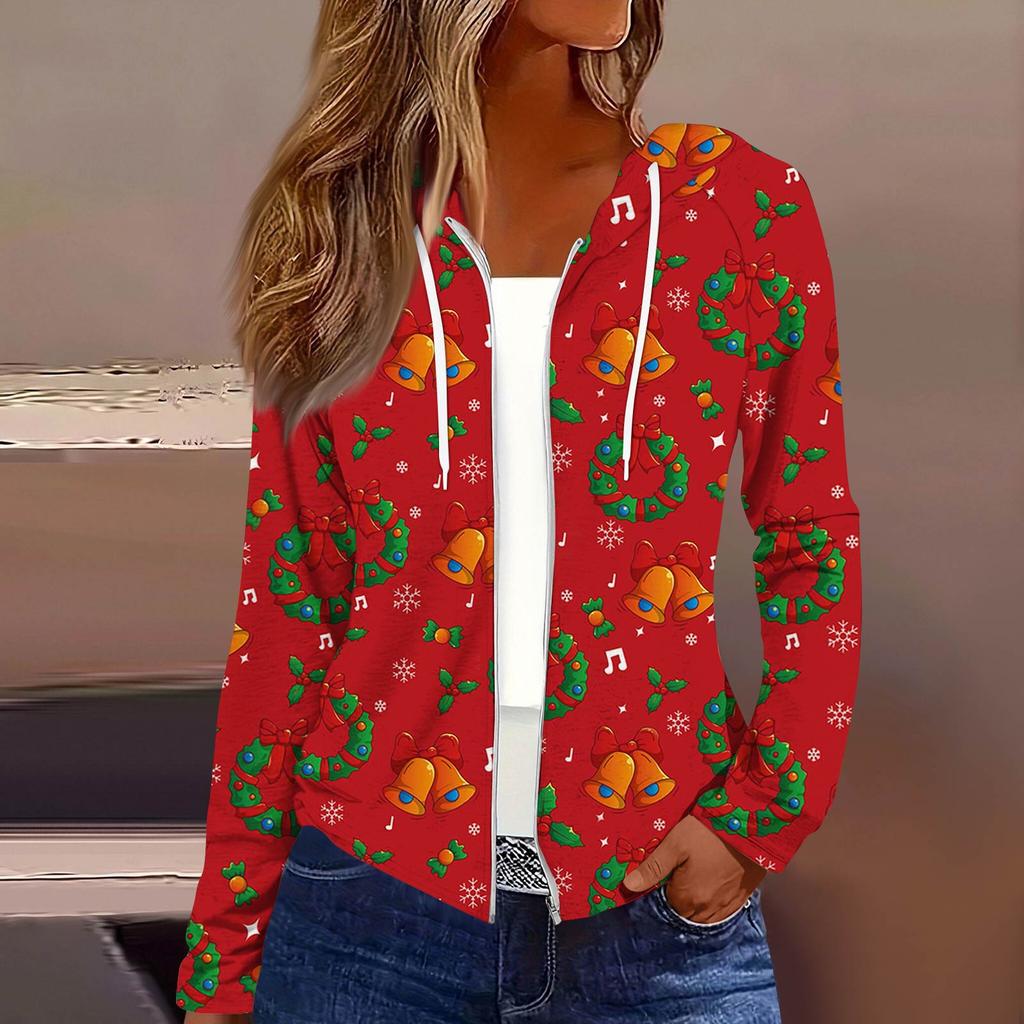 Женская модная повседневная куртка с капюшоном на молнии с рождественским принтом и длинными рукавами