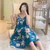 1011 New women's cotton and silk nightgown sexy halter pajamas cotton and silk printed loose loungewear