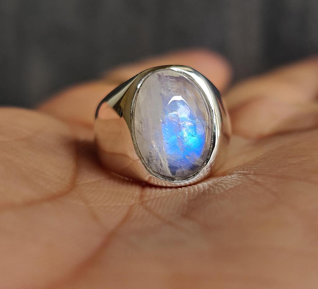 Rainbow Moonstone Ring, Signet Ring, Oval Shape Gemstone, 925 Solid Sterling Silver, Mens Ring, Women Ring
