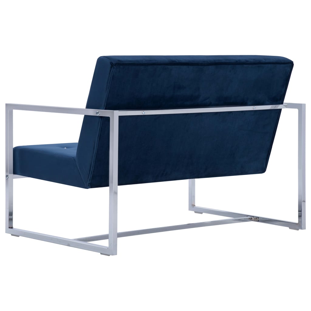 2 Seater Sofa with Armrests Blue Chrome Frame and Velvet Upholstery