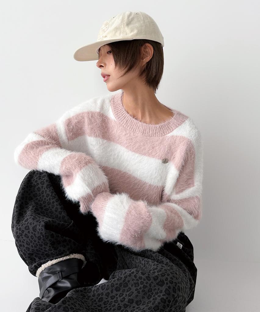 THE GREEN LAB Hairy Block Stripe Crop Knit [Pink]