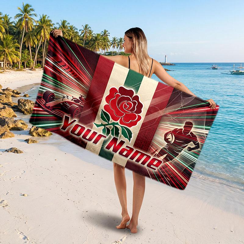 England Rugby Customized Name Text Beach Towel, Soft Absorbent Towel Beach Pool Travel Personal Gift