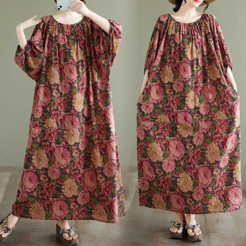 Dimanaf 2025 Summer Plus Size Dress Women Casual Vintage Floral Dress Basic Printing Long Beach Elegant Loose Dress