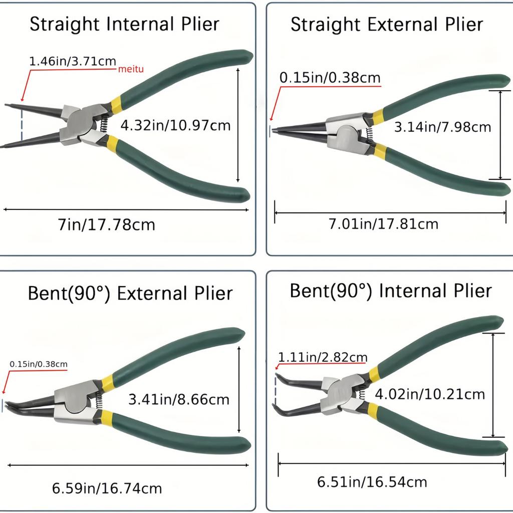 Набор из 4 профессиональных плоскогубцев для стопорных колец, 7-дюймовые сверхпрочные плоскогубцы для внутренних/внешних стопорных колец с прямыми/изогнутыми кончиками, прочная металлическая конструкция,