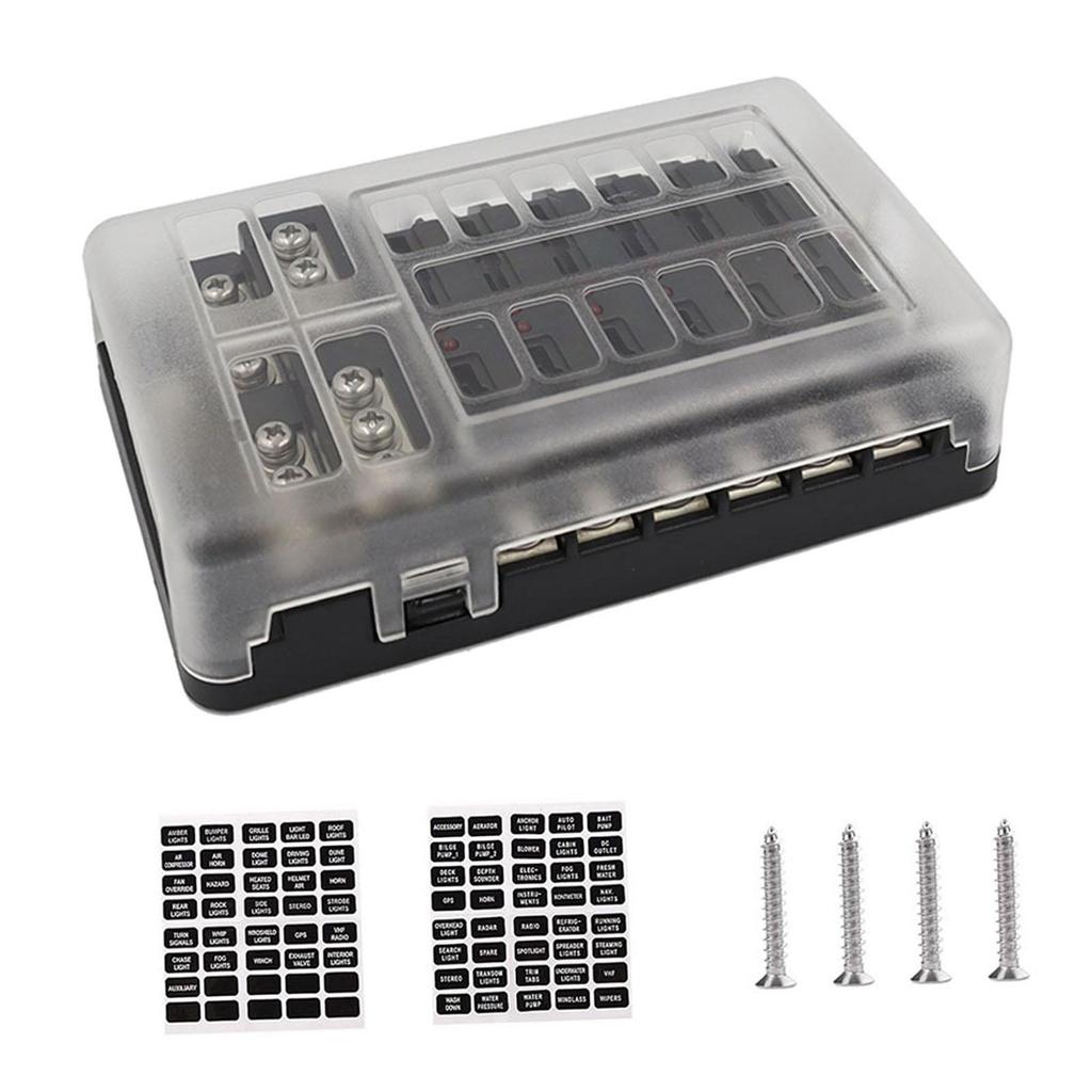 12 Circuit Fuse Block, Fuse Box Fit for Marine Automotive Car Vehicle