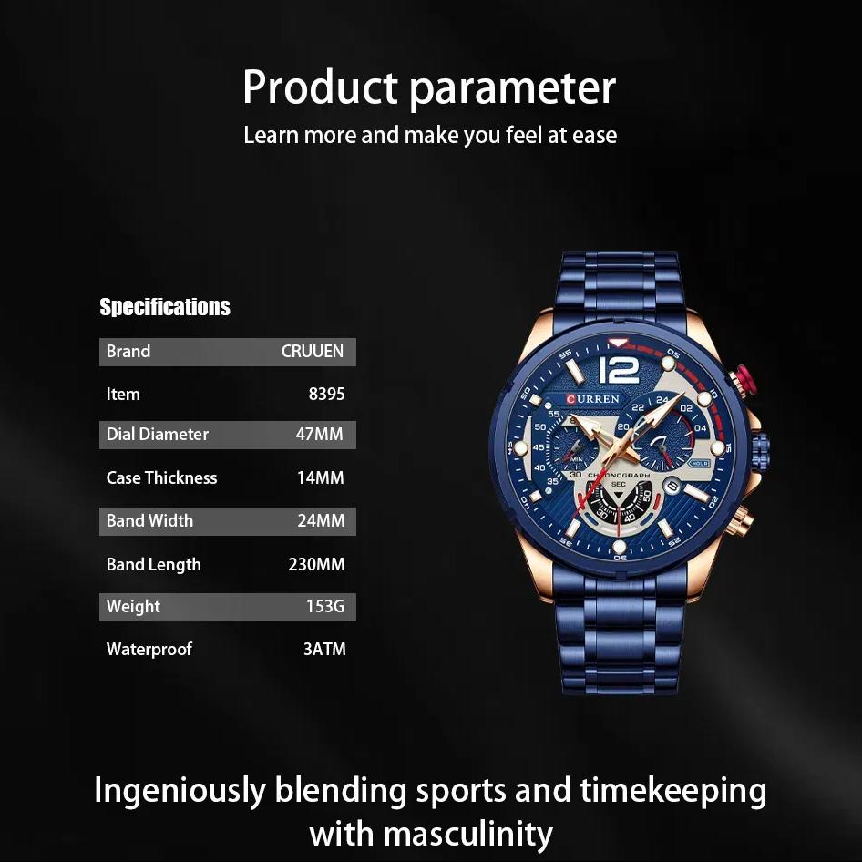 CURREN Watches Men's Sport Quartz Original Chronograph Date Wristwatches Luxury Waterproof Luminous Stainless Steel Watch Man Relogio Masculino