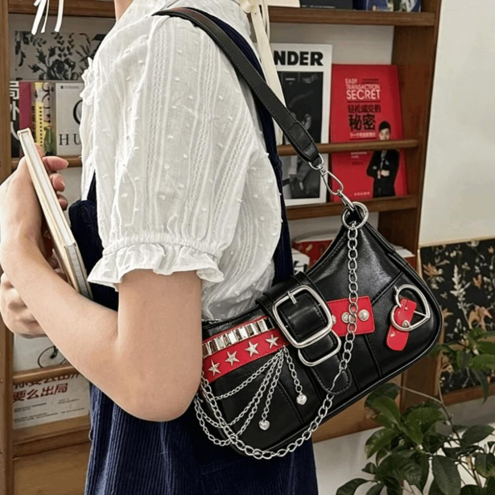 Punk Shoulder Bag Black Red Decor French Stick Handbag Fashion Star Rivet Underarm Bag Commute