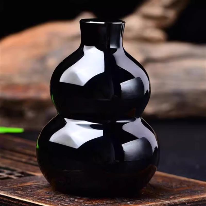 Pure Black Obsidian Gourd Ornament – Ruyi Gift for Home, Office, or Entryway Decor