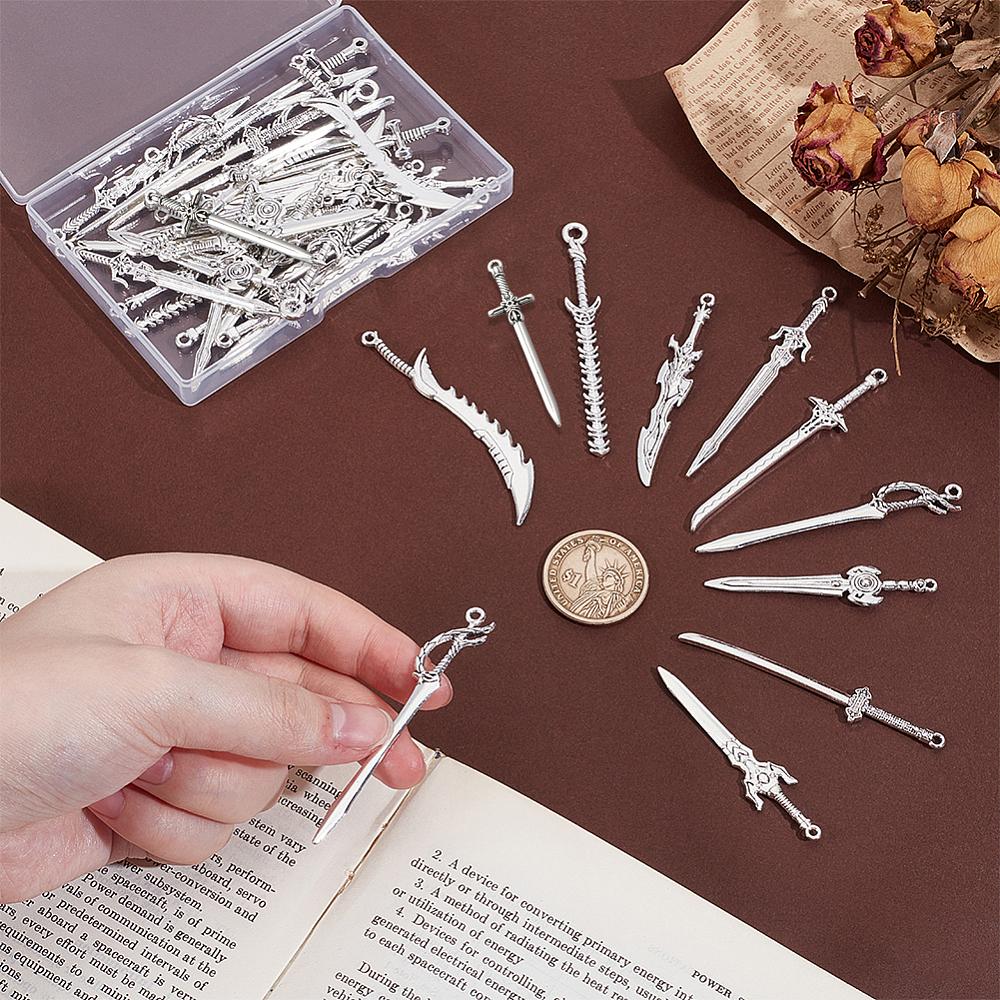 40Pcs 10 Styles Tibetan Style Alloy Big Pendants Sword Antique Silver 49.5~71x10~14x2.5~3.5mm Hole: 1.4~1.5mm 4pcs/style