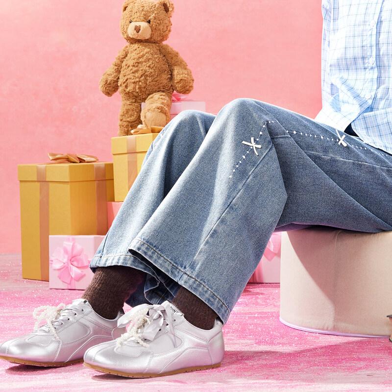 Girls' Bow Accent Straight-Leg Denim Pants