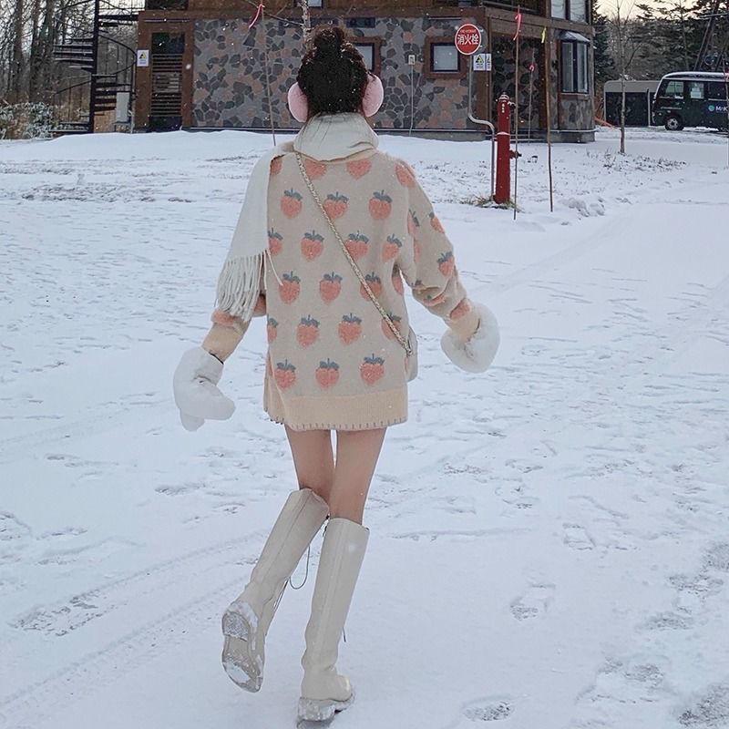 Осенне-зимняя милая Лолита, милый розовый, с рисунком фруктов, вязаный повседневный пуловер, свободный свитер, длинный стильный верх, верхняя одежда