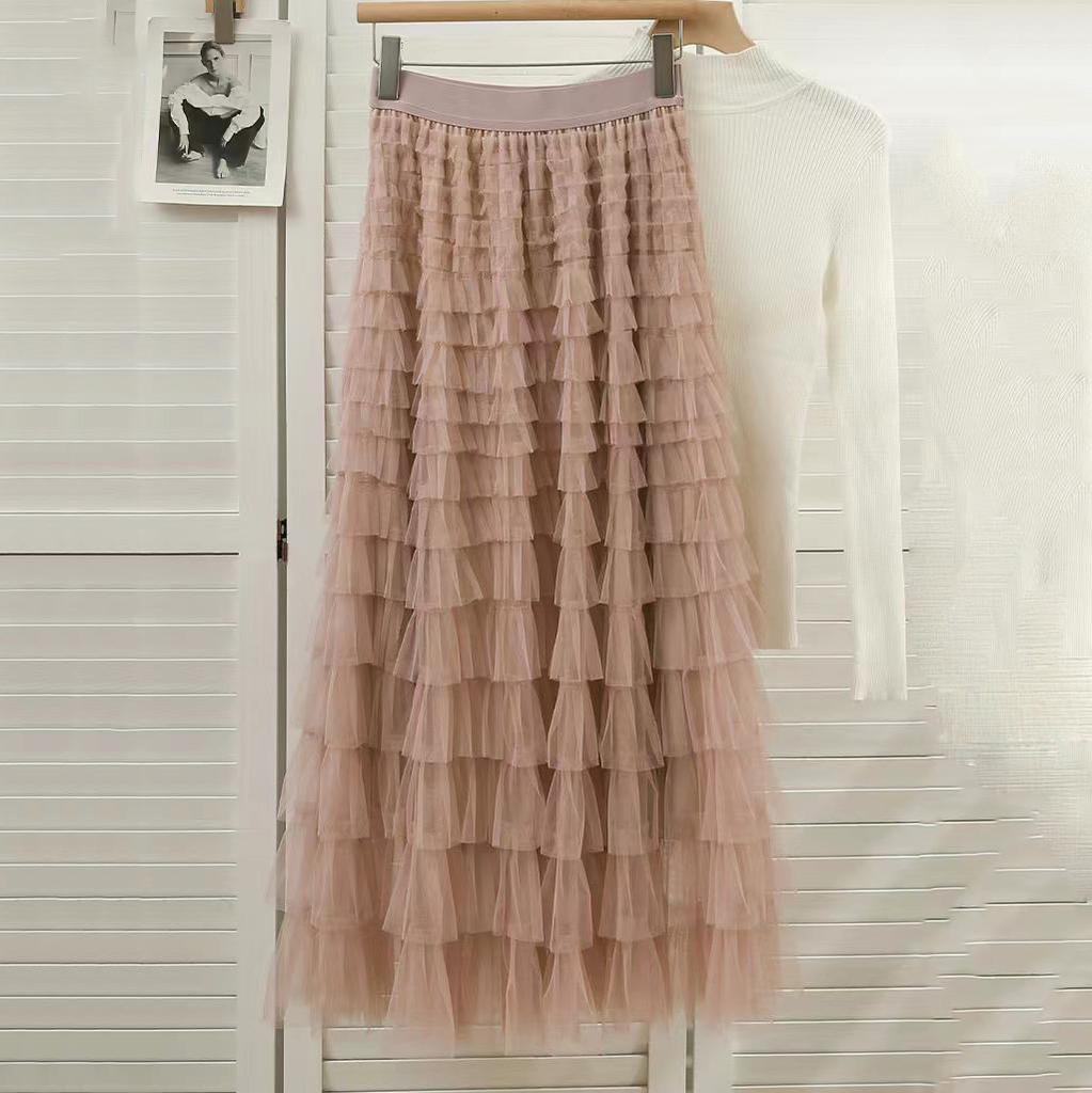 Qooth Осенняя сетчатая пышная длинная юбка в корейском стиле, элегантная винтажная бальное платье с эластичной резинкой на талии и высокой талией, газовая тюлевая юбка QT1989