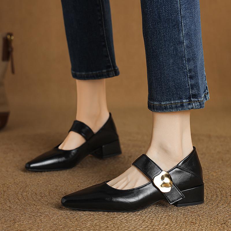 Women Nature Suede High Thick Heels New 2025 Spring Black Apricot Square Toe Pumps Elegant Lady Metal Decoration Shoes