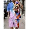 Fashionable and Comfortable Lion Print Short Sleeve T-Shirt and Shorts Set, Loose Summer Men's Two-Piece Outfit